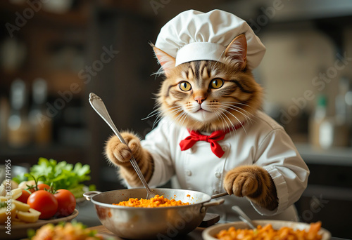 Cat chef, dressed as a professional chef cooking in the kitchen. Generative AI