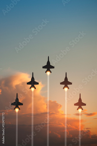 Air Force Day. Aircraft silhouettes on background of sunset. Combat flight of interceptors on a mission. Vertical poster. photo