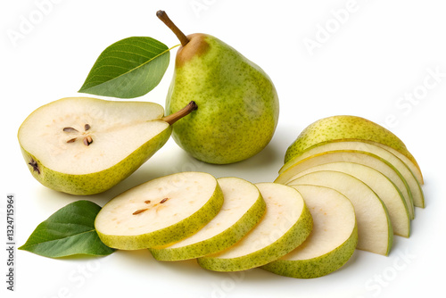 Obraz na płótnie Fresh Green Pear with Slices and Leaves Arranged on White Background for Healthy Eating and Nutrition Concepts w salonie