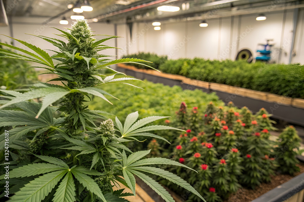Indoor cannabis cultivation facility showcasing lush green plants in various stages of growth under bright artificial lighting and well-maintained environment