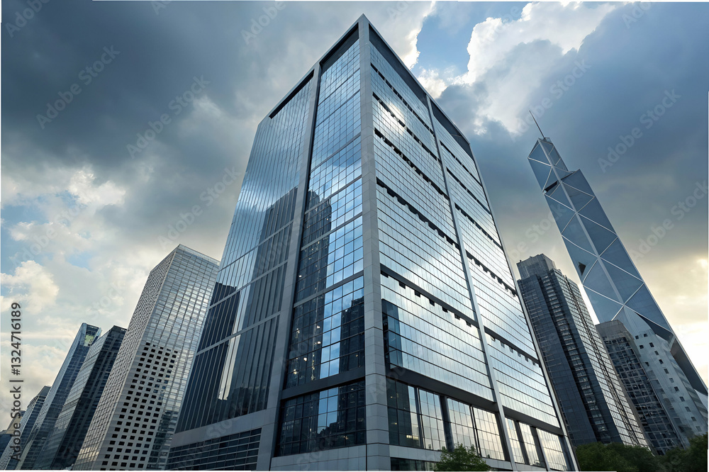 Modern skyscrapers with reflective glass facade under dramatic cloudy sky creating a stunning urban skyline in a bustling city environment