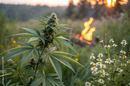 Close-Up of Cannabis Plant With Hemp Leaves and Burning Campfire in Background Amidst Wildflowers During Sunset in a Natural Outdoor Setting