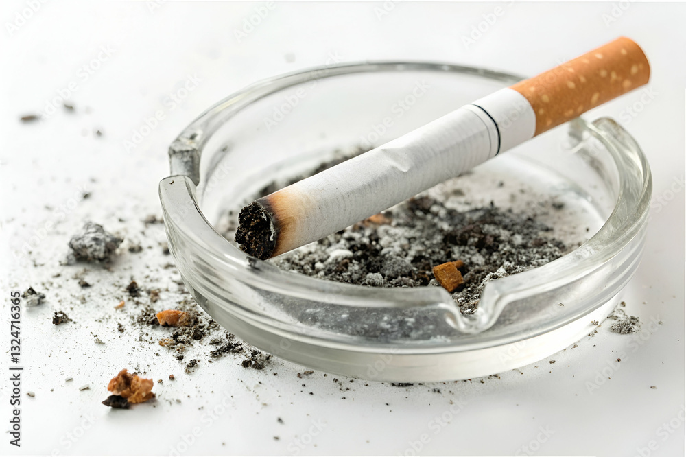 Cigarette in Ashtray with Ash and Residue on White Background, Symbolizing Smoking Habits and Tobacco Use with Negative Environmental Impact