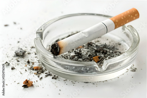 Cigarette in Ashtray with Ash and Residue on White Background, Symbolizing Smoking Habits and Tobacco Use with Negative Environmental Impact