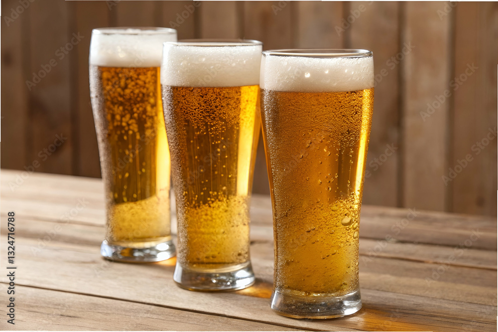 Refreshing Glasses of Cold Beer with Bubbles and Foam on a Wooden Table, Perfect for Celebrations or Casual Gatherings in a Cozy Atmosphere Refreshing Glasses of Cold Beer with Bubbles and Foam on a Wooden Table, Perfect for Celebrations or Casual Gatherings in a Cozy Atmosphere