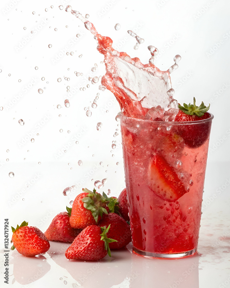 Refreshing Strawberry Splash Drink with Fruit in a Clear Glass on White Background Captured in High Detail with Water Droplets and Ice Cubes