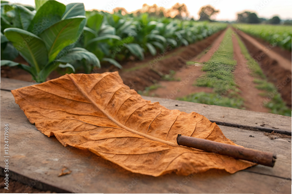 Close-Up of Large Dried Tobacco Leaf with Cigar and Green Tobacco Plants in Background Under Soft Sunset Light, Natural Farming Scene in Agriculture