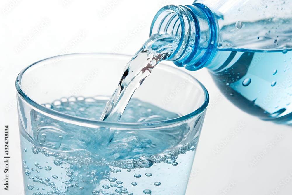 Fresh and Clear Water Being Poured from Plastic Bottle into a Glass, Bubbling Liquid with Reflections, Refreshing Hydration Concept for Design Projects