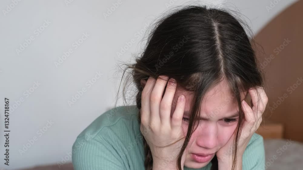 Close up face of crying preteen girl sitting on bed at home. Depressed child having bad mood. Kid feeling upset Close up face of crying preteen girl sitting on bed at home. Depressed child having bad mood. Kid feeling upset