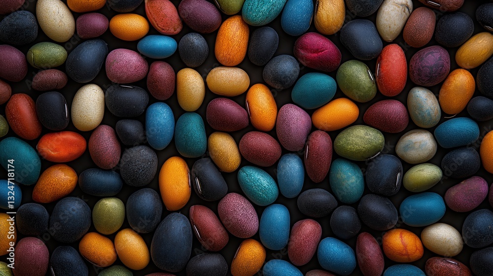 Close-up of a large group of colorful pebbles. the pebble stones are of different sizes and colors, including red, orange, yellow, green, blue, purple, and pink.