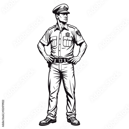 Police officer standing confidently with badge visible, law enforcement