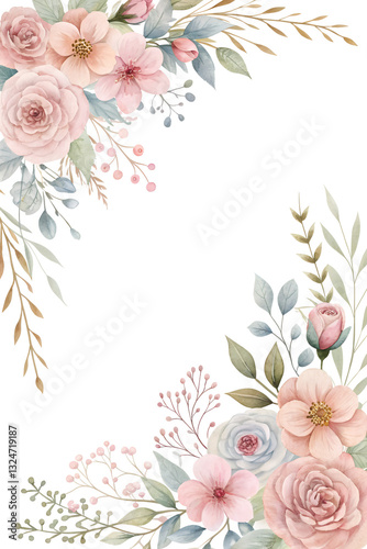 Watercolor floral corner frame design on a transparent background.