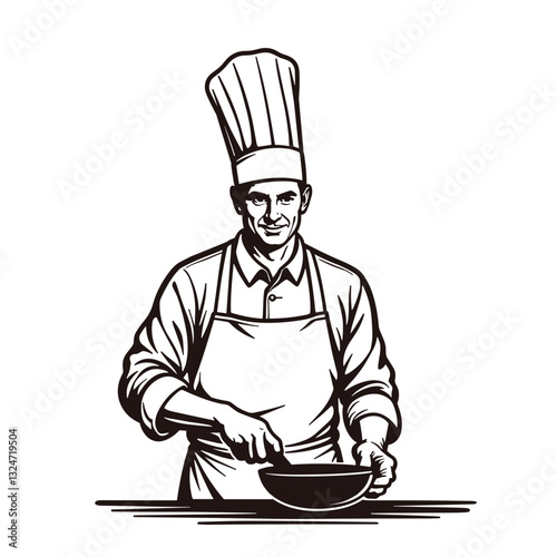 Chef illustration skillfully cooking with frying pan in kitchen, culinary art
