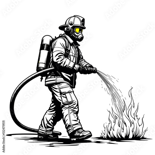 Firefighter ready for action extinguishing flames, heroic duty