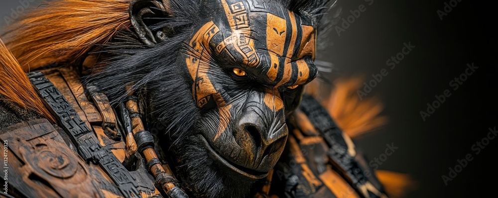 Obraz premium A striking close-up of a creatively styled gorilla with vibrant orange fur and intricate markings, showcasing artistic detailing and captivating textures.