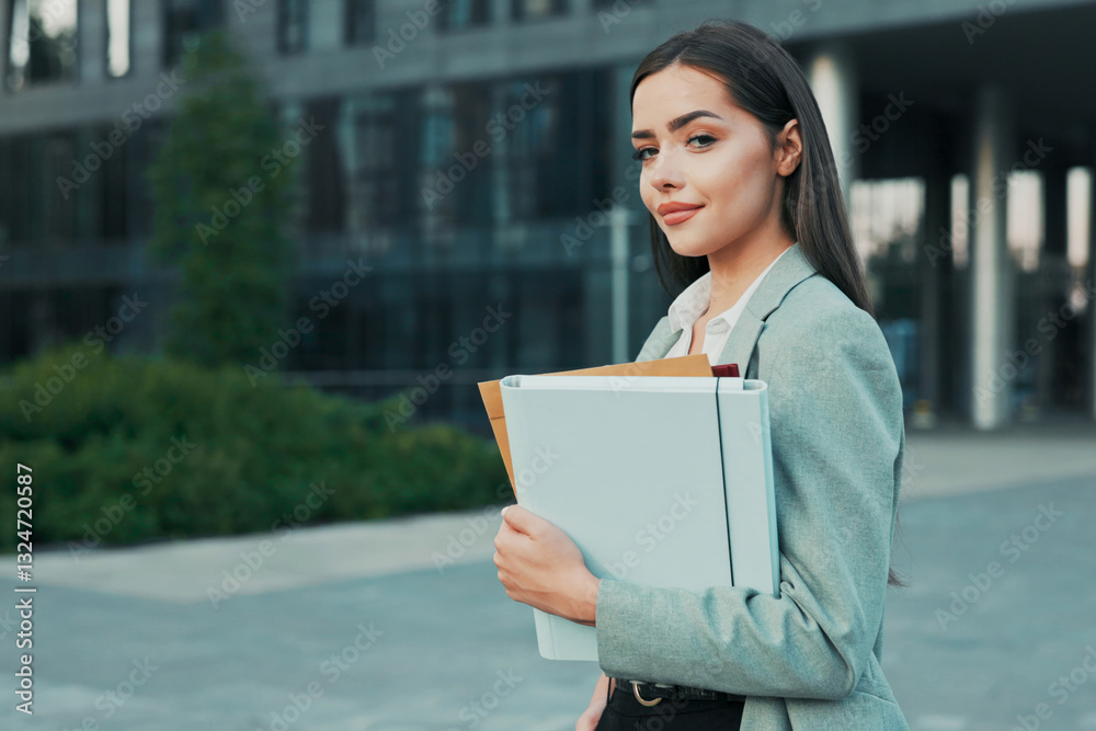 A smiling, pretty, successful girl running her own company manager boss is standing next to glass modern building going to meeting conference to work holding files with documents in her hand A smiling, pretty, successful girl running her own company manager boss is standing next to glass modern building going to meeting conference to work holding files with documents in her hand