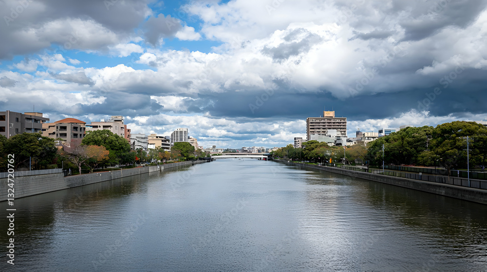Scenic Urban River View With Buildings Trees and Cloudy Sky in Daylight Scenic Urban River View With Buildings Trees and Cloudy Sky in Daylight
