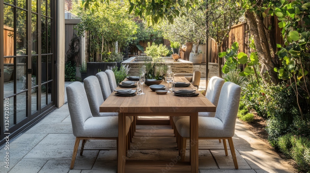 An outdoor dining area with chairs and a long wooden table An outdoor dining area with chairs and a long wooden table