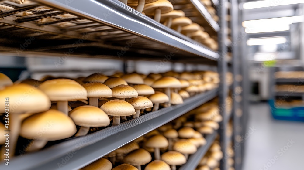Rows of fresh mushrooms growing in a well-lit indoor farm with organized shelving Rows of fresh mushrooms growing in a well-lit indoor farm with organized shelving