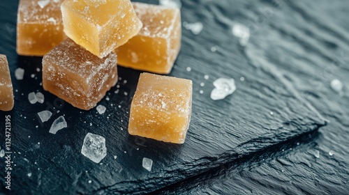 Group of six cubes of orange-colored sugar on a black slate surface. the cubes are arranged in a scattered manner, with some overlapping each other.