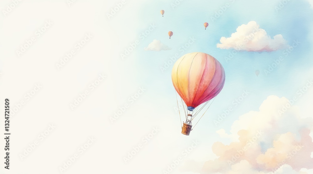 Obraz premium A cheerful watercolor painting of a pastel hot air balloon drifting through the sky, with a soft and minimal background, leaving a perfect space for text