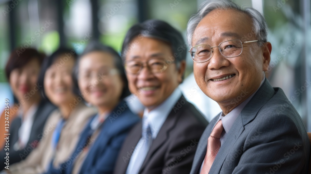 Asian businesspeople having a group meeting in a modern office setting with soft focus and copy space Asian businesspeople having a group meeting in a modern office setting with soft focus and copy space