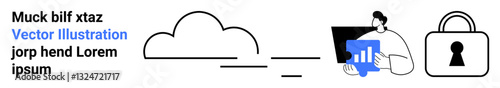 Cloud connected to a person analyzing data on a tablet with a security lock. Ideal for cloud security, data protection, business analytics, cloud computing, cybersecurity, secure data transfer