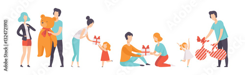 Happy People Character Exchange Gift Box on Holiday Vector Set