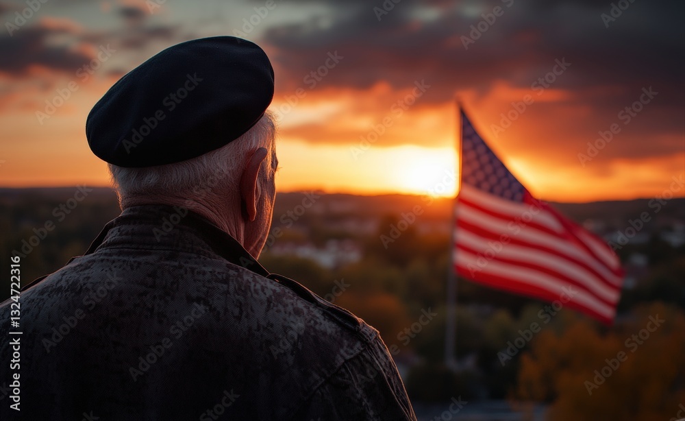 Obraz premium Veteran watching american flag at sunset: remembrance and patriotism