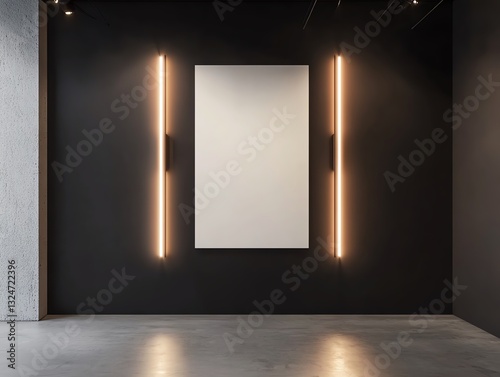 Blank white poster mockup hanging on a modern black wall with two vertical neon lamps on a concrete floor in an empty showroom 3D Rendering