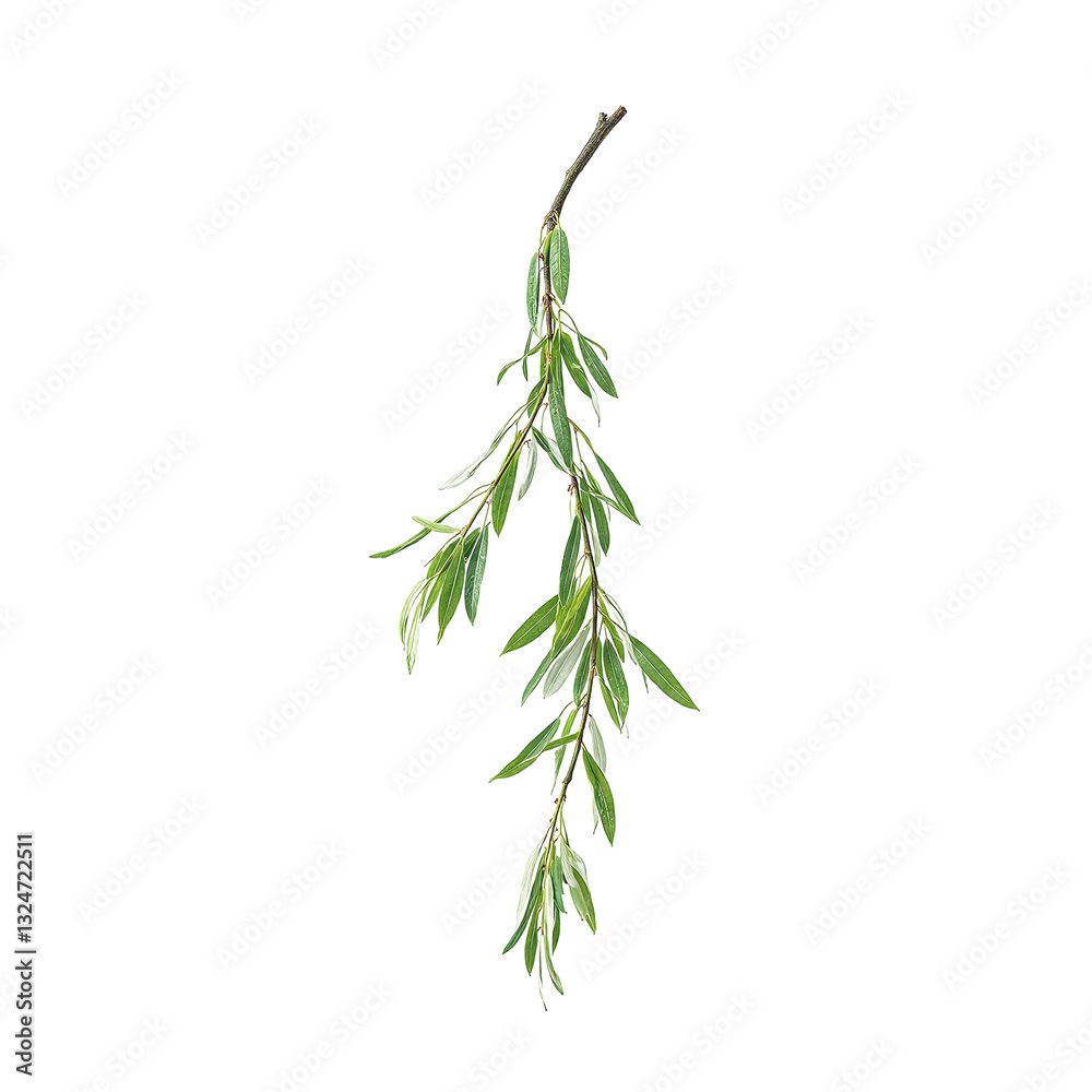 Obraz premium A graceful willow branch with flowing green leaves on a white background Serene nature concept for design projects
