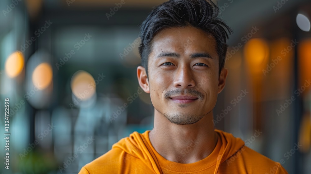 Fototapeta premium Asian Male Personal Trainer Giving Instructions with Tablet in Modern Gym