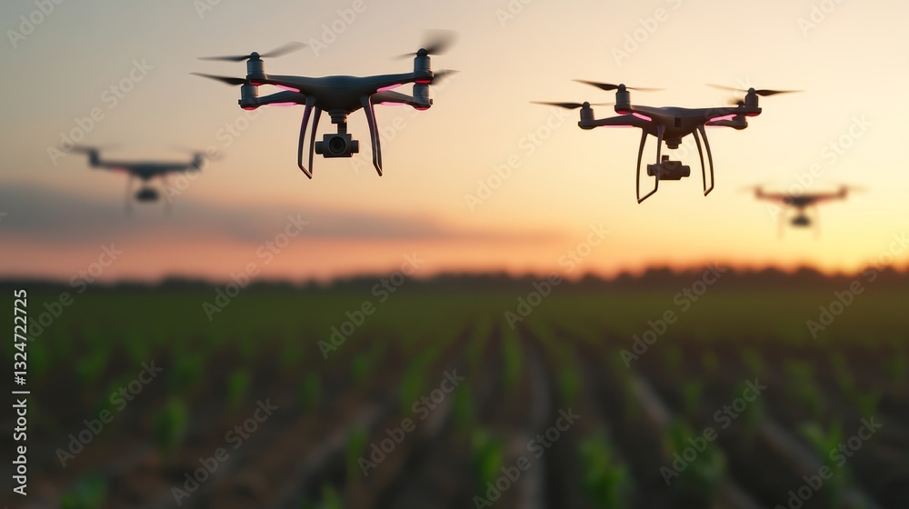 Drones flying over a lush green field at sunset, monitoring crop health and growth Drones flying over a lush green field at sunset, monitoring crop health and growth