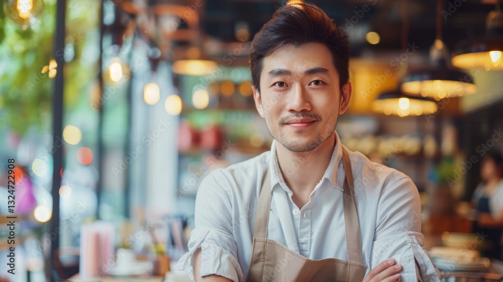Fototapeta premium Asian Man Setting Up Restaurant Interior with Clean Lines and Soft Focus