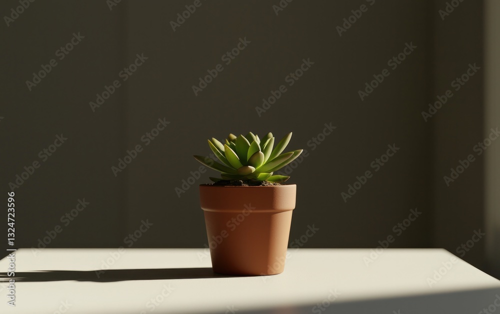 Fototapeta premium Succulent in Terracotta Pot: Sunlight and Shadow