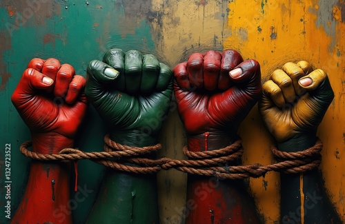 Four clenched fists painted red, green, yellow slavery abolition. Tied hands show power, unity, equality, strength. Symbol of revolution, memory, african american heritage, human rights, freedom. photo