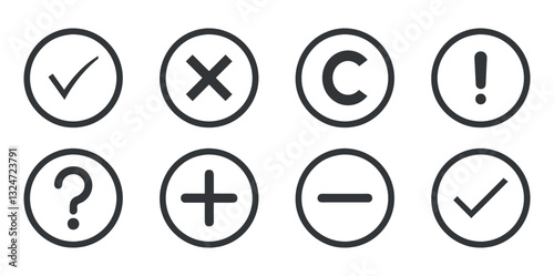 Collection of Simple Icon Symbols Including Check Marks, Cross, Letter, Exclamation, Question Mark, Addition, Subtraction, and Arrow