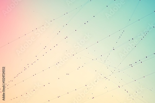 Silhouettes of birds perched on intersecting power lines against a pastel gradient sky. The soft colors and geometric patterns create a dreamy, abstract, and artistic composition
