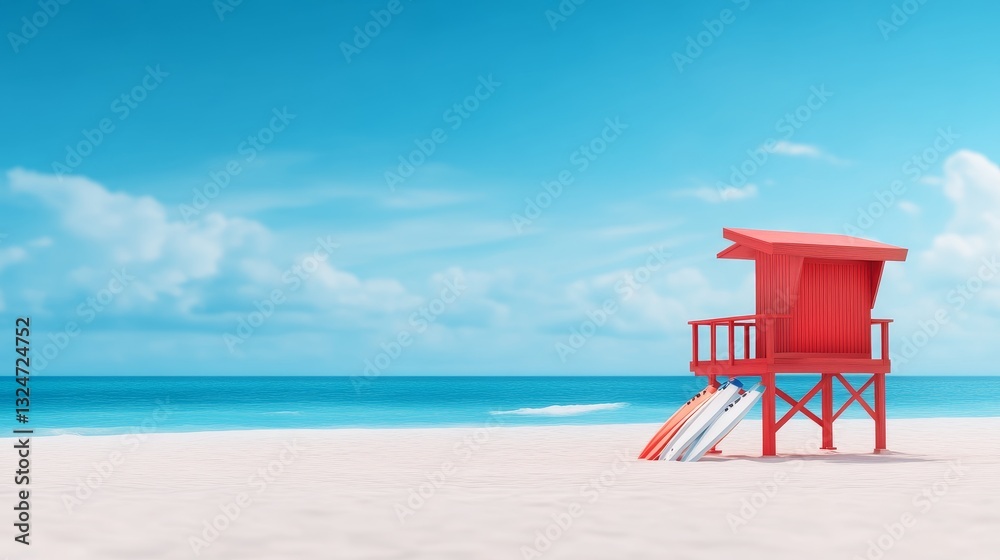 Colorful lifeguard tower on a sandy beach under a clear blue sky with calm ocean waves Colorful lifeguard tower on a sandy beach under a clear blue sky with calm ocean waves