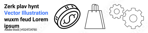 Coin representing currency, shopping bag symbolizing retail, and gears depicting mechanism, with text on left. Ideal for e-commerce, financial tech, retail, business operations, marketing economic