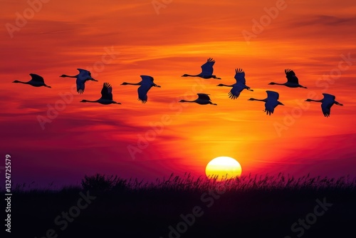 Wallpaper Mural Silhouetted birds fly in formation against a vibrant sunset sky. Torontodigital.ca