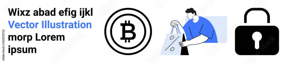 Cryptocurrency symbol beside illustration of person making online purchase and a secure lock icon. Ideal for finance, shopping, technology, security, digital marketing, online payments, data privacy Cryptocurrency symbol beside illustration of person making online purchase and a secure lock icon. Ideal for finance, shopping, technology, security, digital marketing, online payments, data privacy