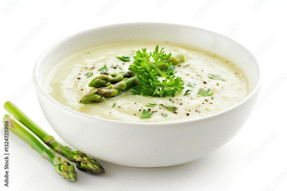 A Bowl of Creamy Asparagus Soup with Fresh Asparagus Garnish A Bowl of Creamy Asparagus Soup with Fresh Asparagus Garnish