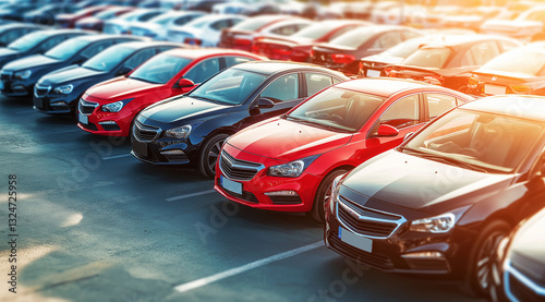Row of Cars in a Parking Lot with a Standout Bright Red Vehicle – High-Resolution Automotive Photography for Advertising and Sales Promotion