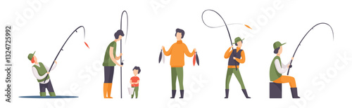 Man Fishing Catching with Rod and Rubber Boot Vector Set