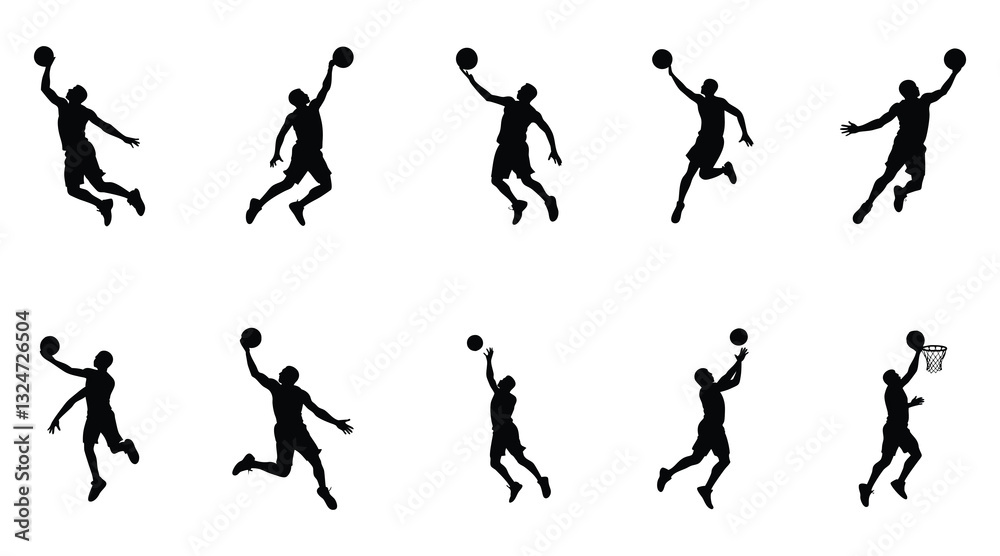 Basketball Player Silhouette Set: Jumping and Dunking Poses for Sports Designs Basketball Player Silhouette Set: Jumping and Dunking Poses for Sports Designs