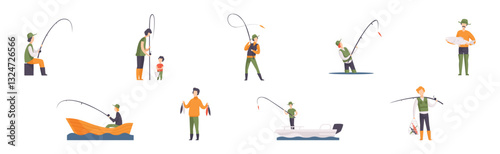 Man Fishing Catching with Rod and Rubber Boot Vector Set