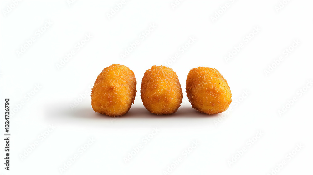 Three Golden Fried Appetizers Isolated On A White Background With A Subtle Shadow Three Golden Fried Appetizers Isolated On A White Background With A Subtle Shadow