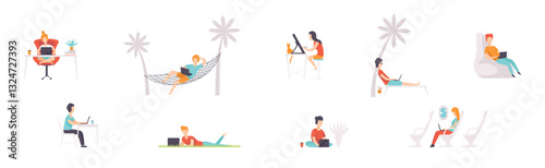 Man and Woman Freelancer Working at Comfortable Place with Laptop Vector Set