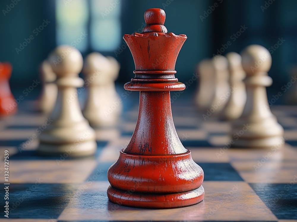 Red queen standing on chessboard with white pawns in background concept of strategy, leadership, and competition Red queen standing on chessboard with white pawns in background concept of strategy, leadership, and competition